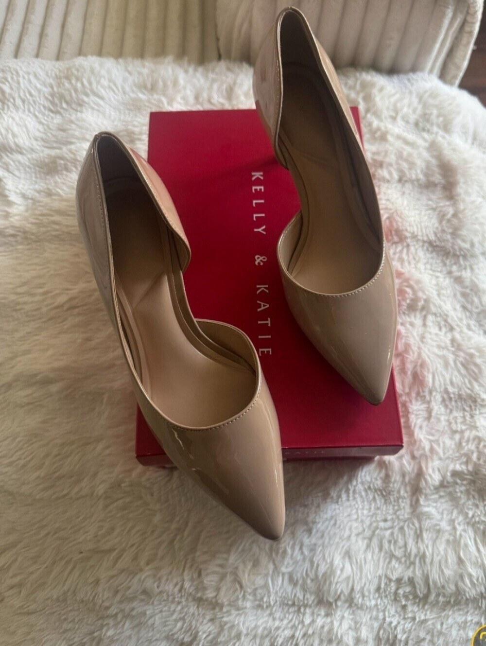 Kelly & Katie Nude Patent Pointed Toe Pumps - Beige